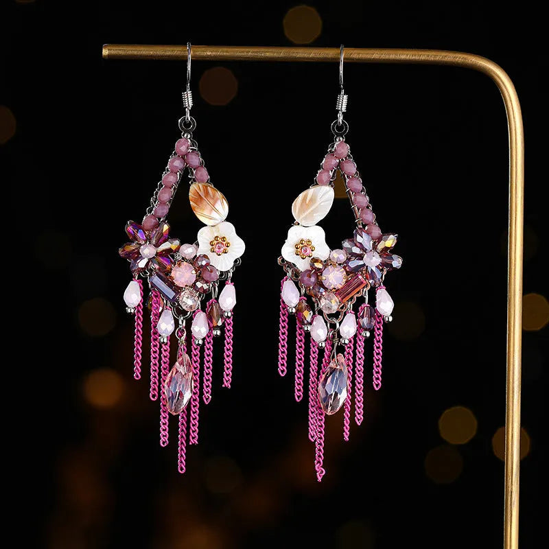 Hand-woven Bohemian diamond-shaped earrings in artificial crystal and alloy, available in three colours