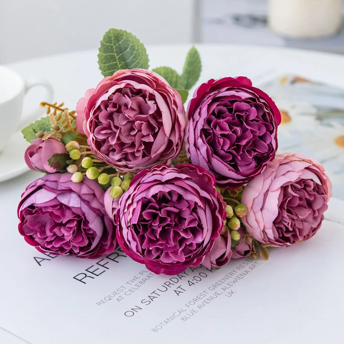 Artificial silk peony bouquet arrangement in a choice of five colours.