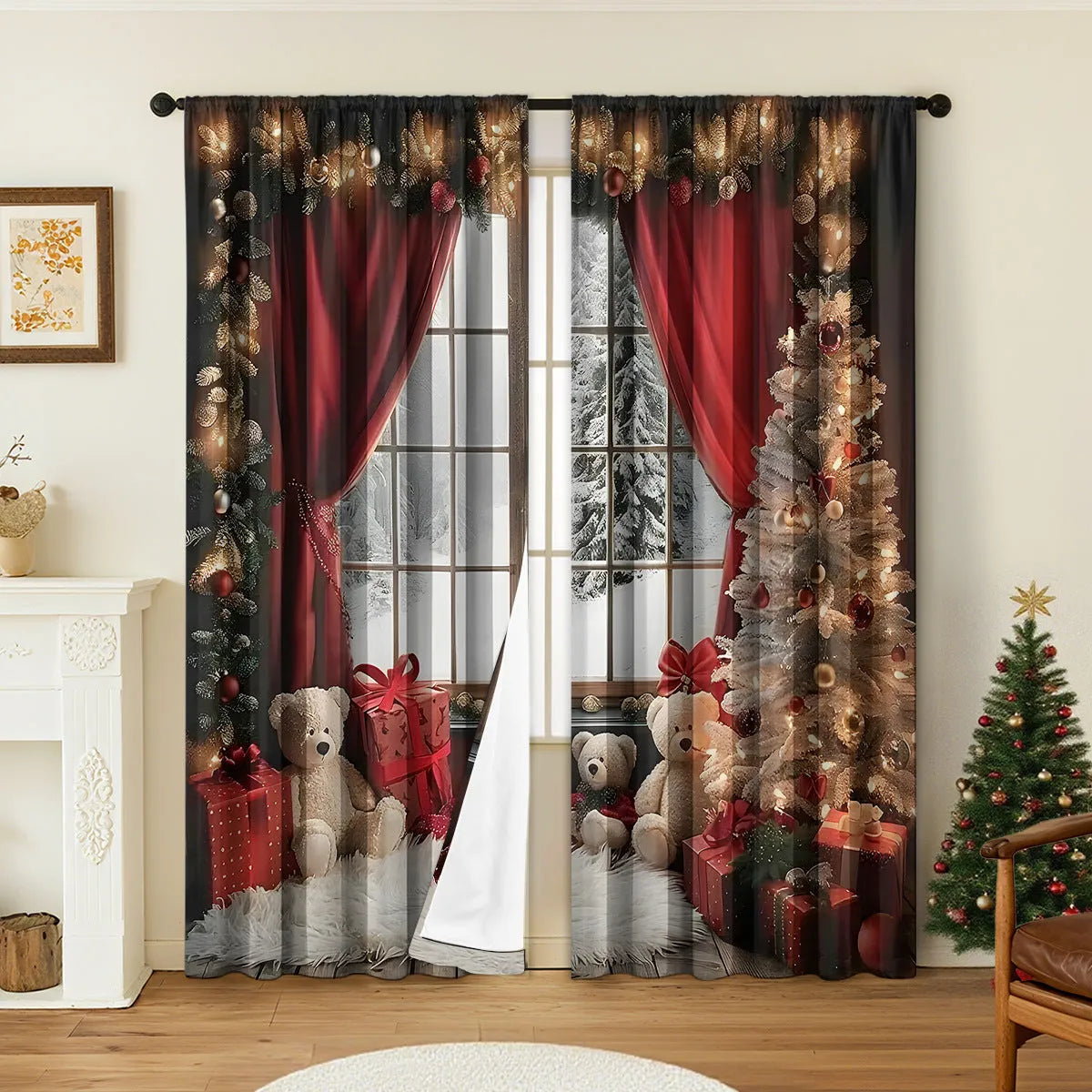 A pair of 3D digitally printed Christmas curtains with festive patterns, made from polyester fabric.