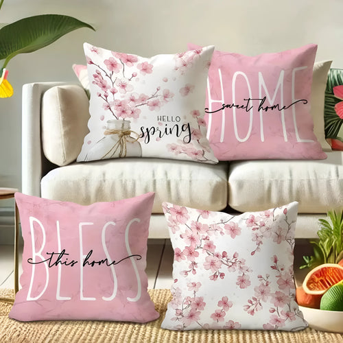 45cm square short velvet cushion cover with detailed cherry blossom and script letter floral print design.