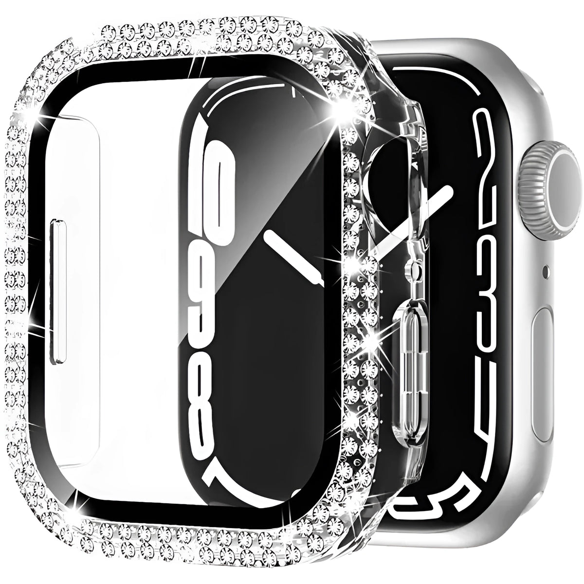 Apple Watch case with double diamond glass peep-proof screen protector in rose gold colour for a 44mm model.