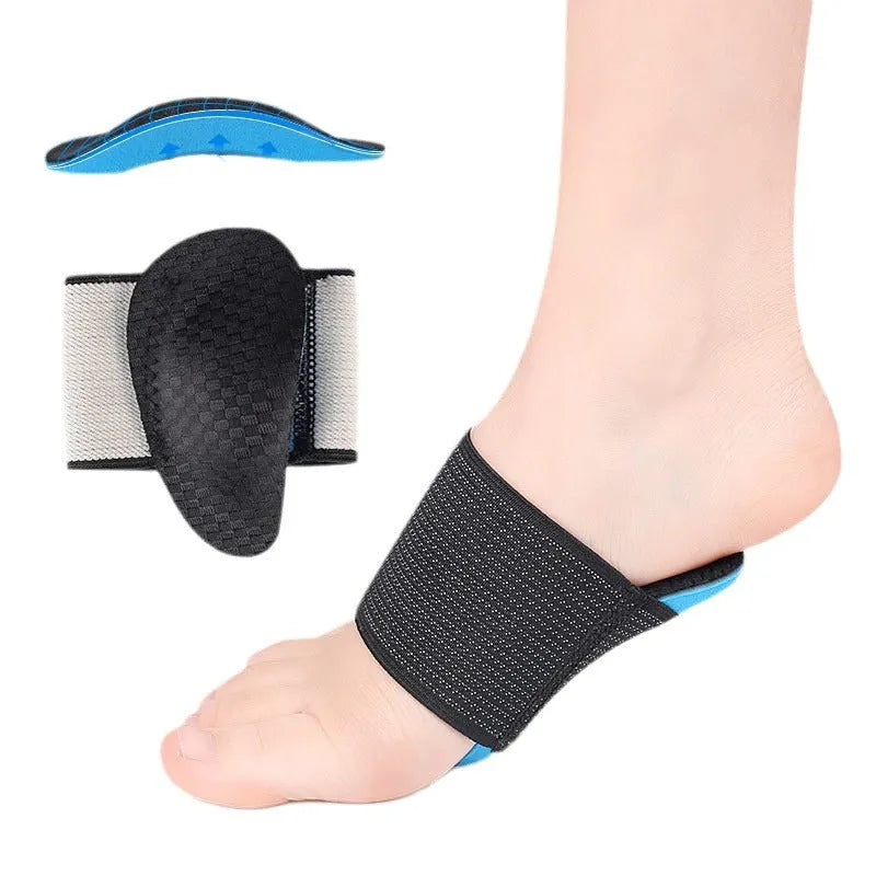 Blue flat foot arch support pads with elastic bandage sole design for adult and children sizes