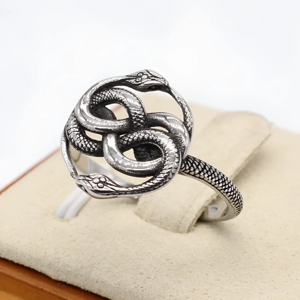 Titanium steel double snake ring with retro European style in steel colour