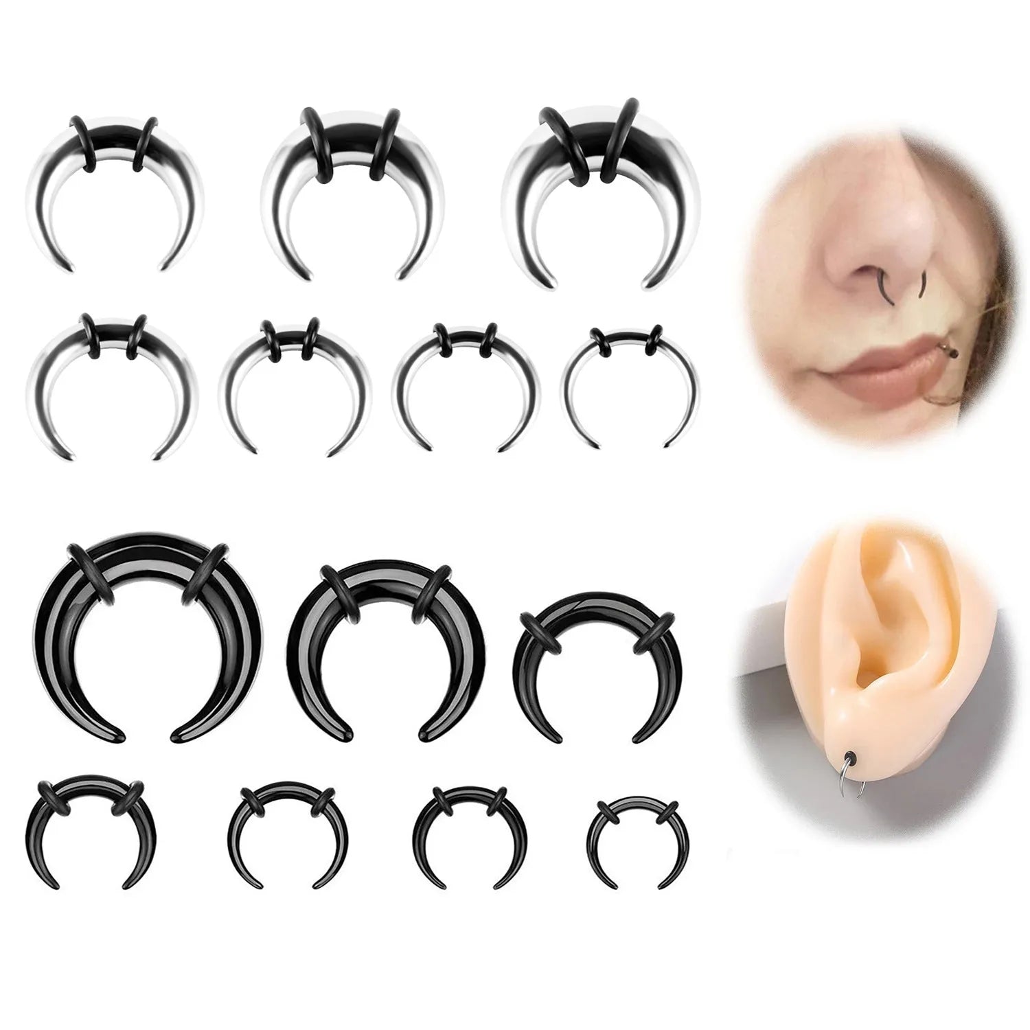 316 stainless steel C-shaped nose ring with buffalo horn design in black and steel finishes.
