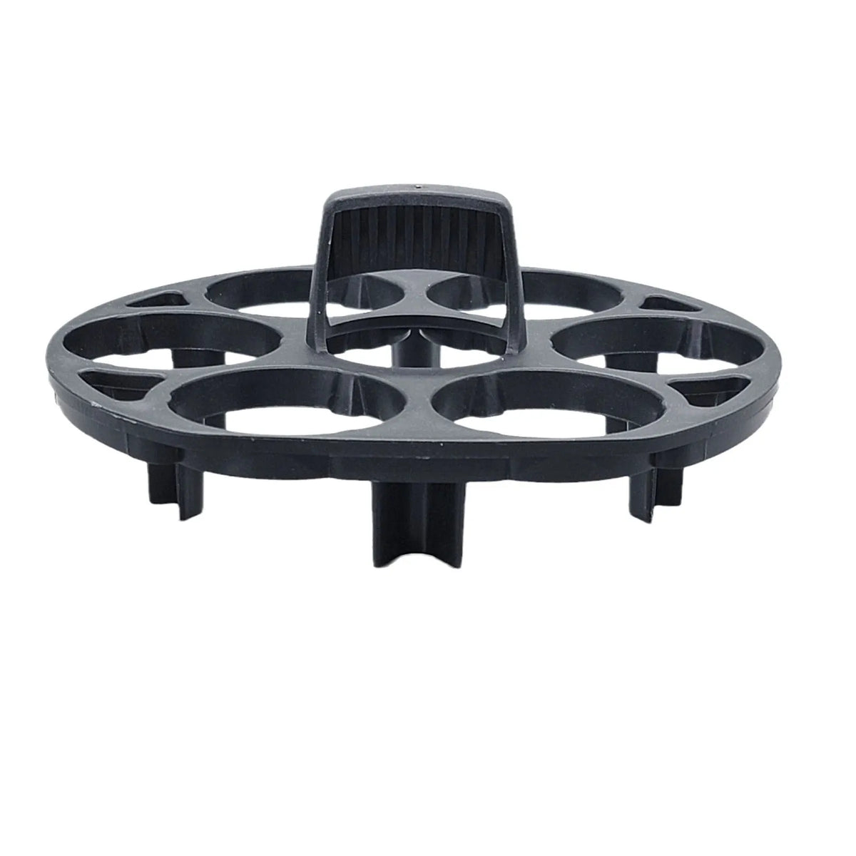 Black plastic egg holder basket for cooking machines measuring 13.8 x 12.6 x 5.7 cm