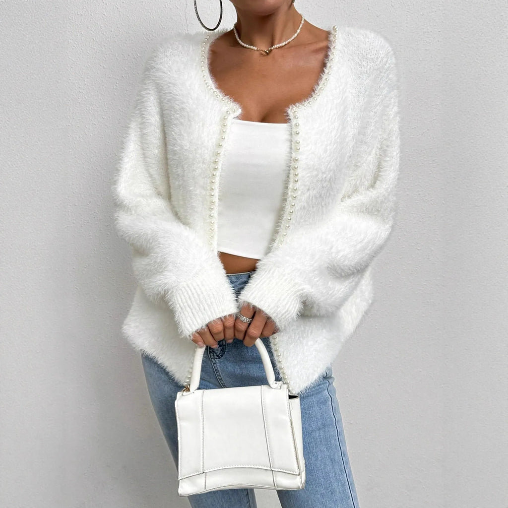 Women's white V-neck cardigan sweater in medium thickness polyester knitwear
