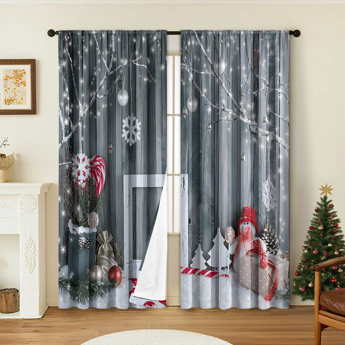 A pair of 3D digitally printed Christmas curtains with festive patterns, made from polyester fabric.