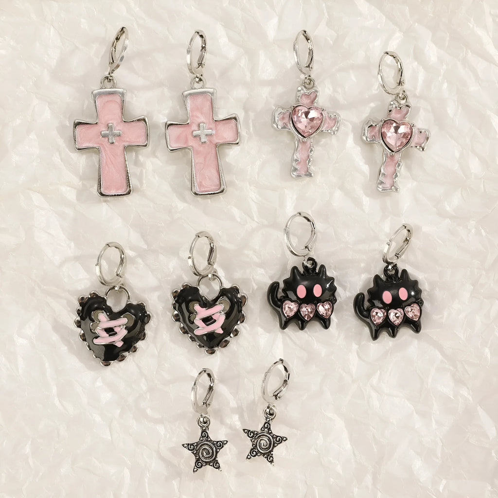 Women's alloy earrings with cross crystal designs in white, black cat, and antique silver colour options