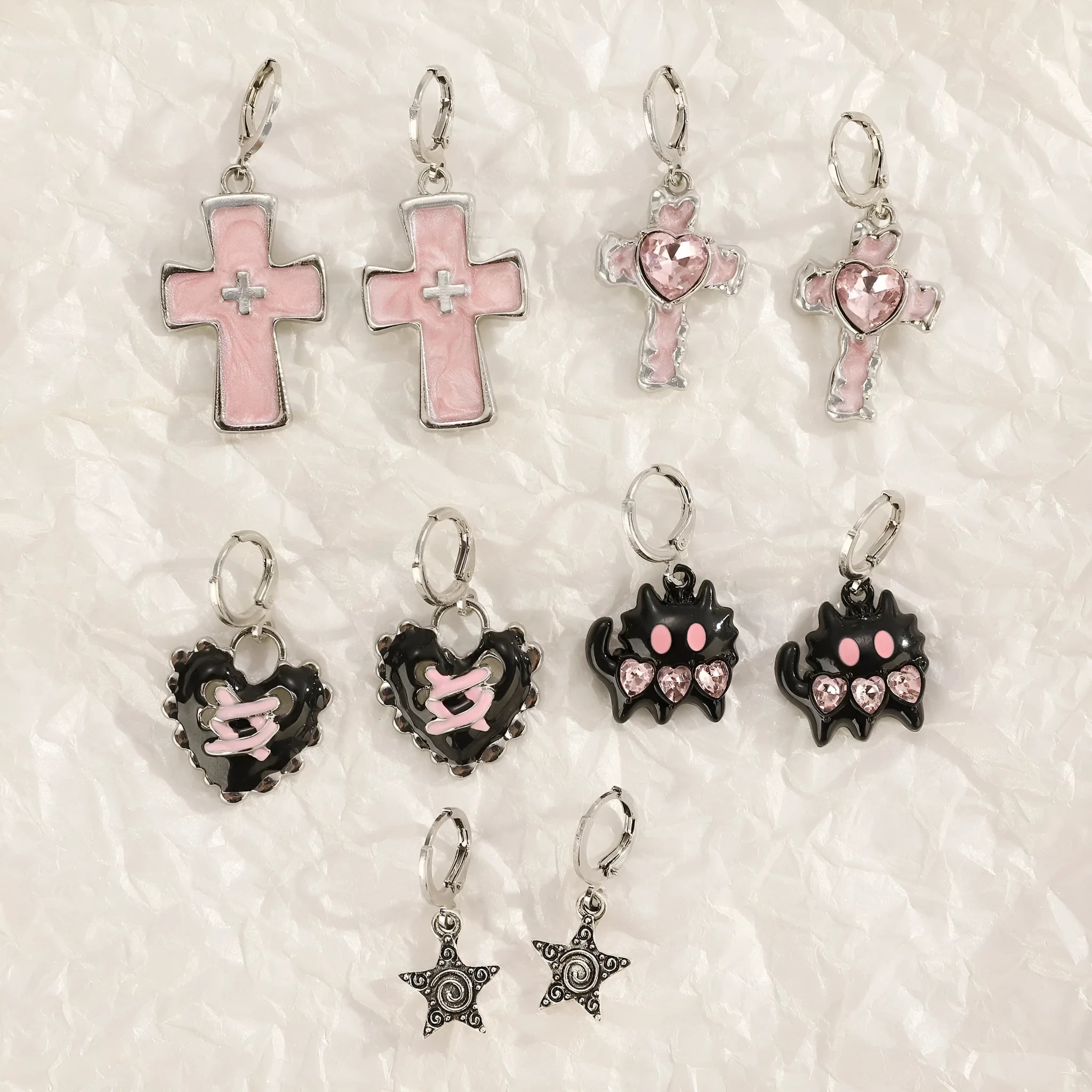 Women's alloy earrings with cross crystal designs in white, black cat, and antique silver colour options