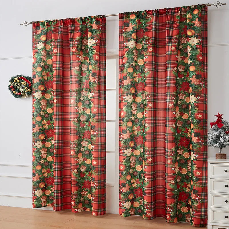 American-style rectangular polyester curtain with Christmas print patterns in red and blue colour schemes