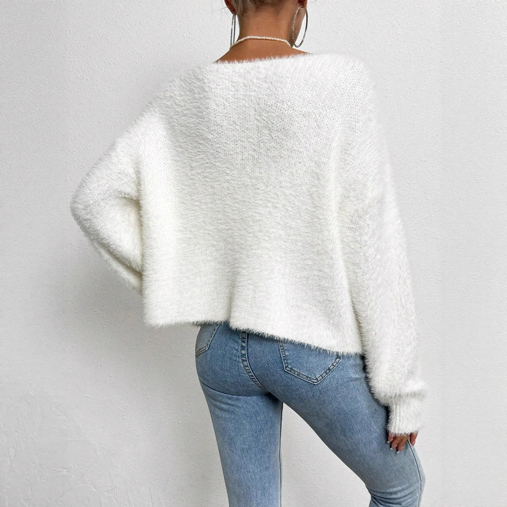 Women's white V-neck cardigan sweater in medium thickness polyester knitwear