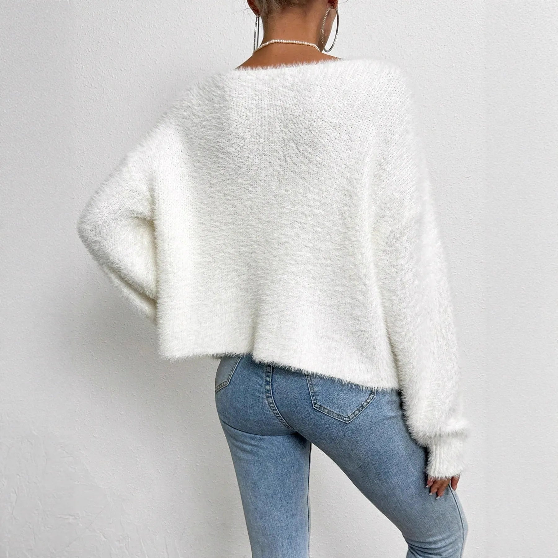 Women's white V-neck cardigan sweater in medium thickness polyester knitwear