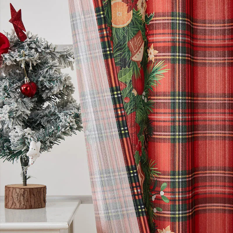 American-style rectangular polyester curtain with Christmas print patterns in red and blue colour schemes