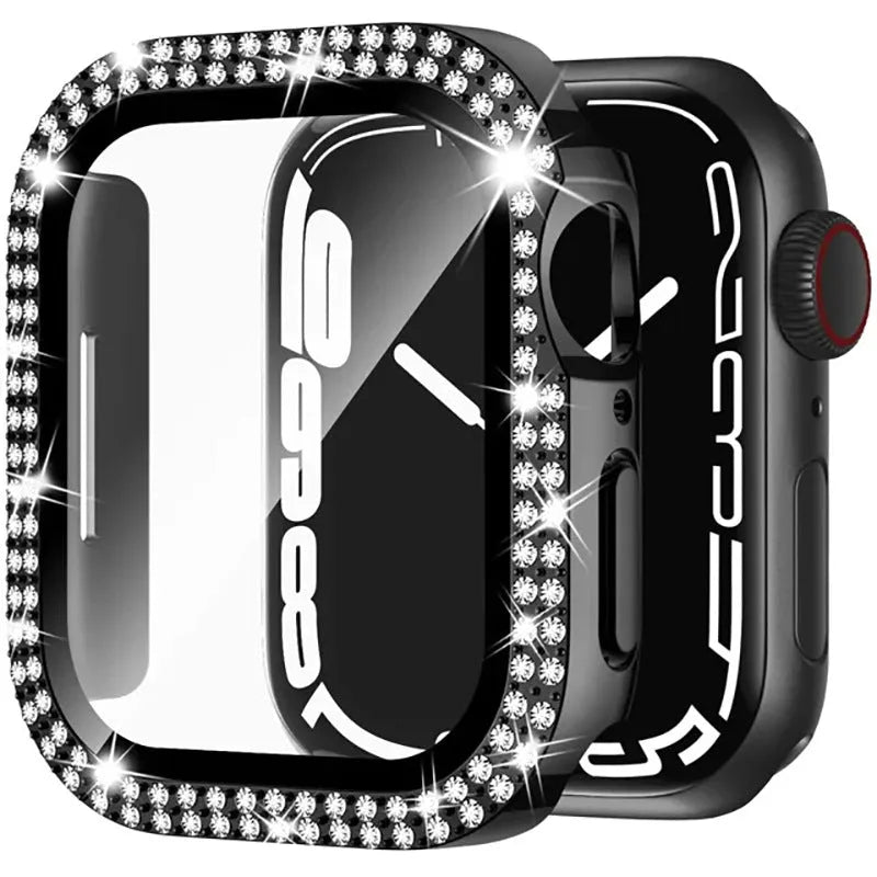 Apple Watch case with double diamond glass peep-proof screen protector in rose gold colour for a 44mm model.