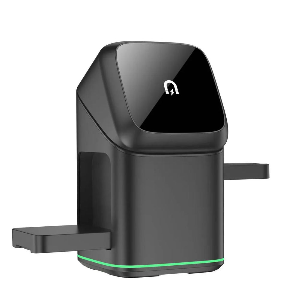 Black magnetic wireless charging stand showing phone attachment and 180-degree rotation adjustment
