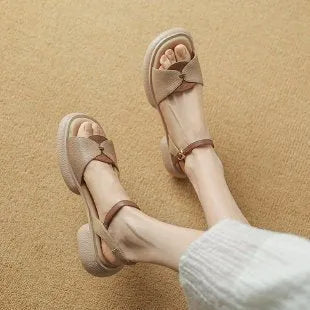 Women's khaki chunky heel platform open toe sandals made from renewable leather