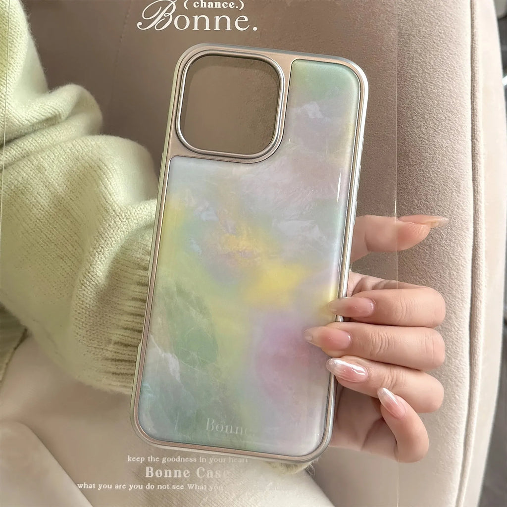 Silver edge green pink marble pattern PC hard phone case for Apple iPhone models
