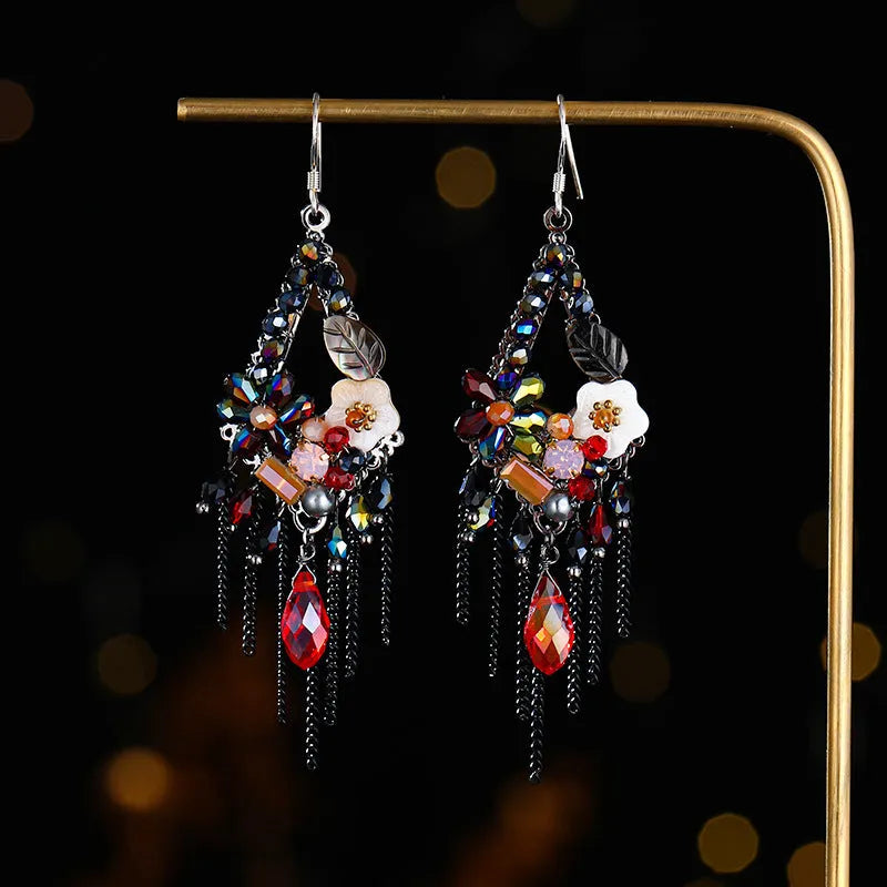 Hand-woven Bohemian diamond-shaped earrings in artificial crystal and alloy, available in three colours
