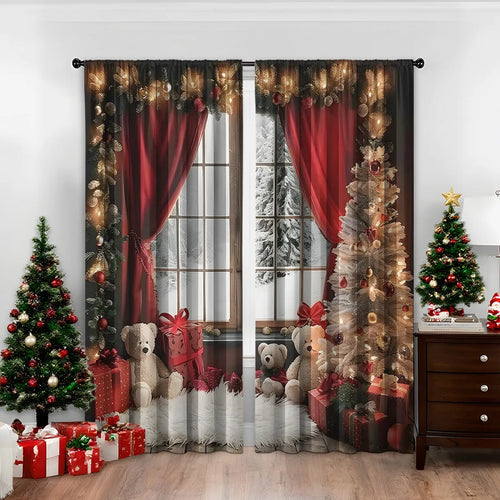 A pair of 3D digitally printed Christmas curtains with festive patterns, made from polyester fabric.