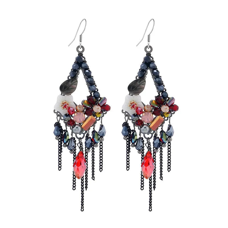 Hand-woven Bohemian diamond-shaped earrings in artificial crystal and alloy, available in three colours
