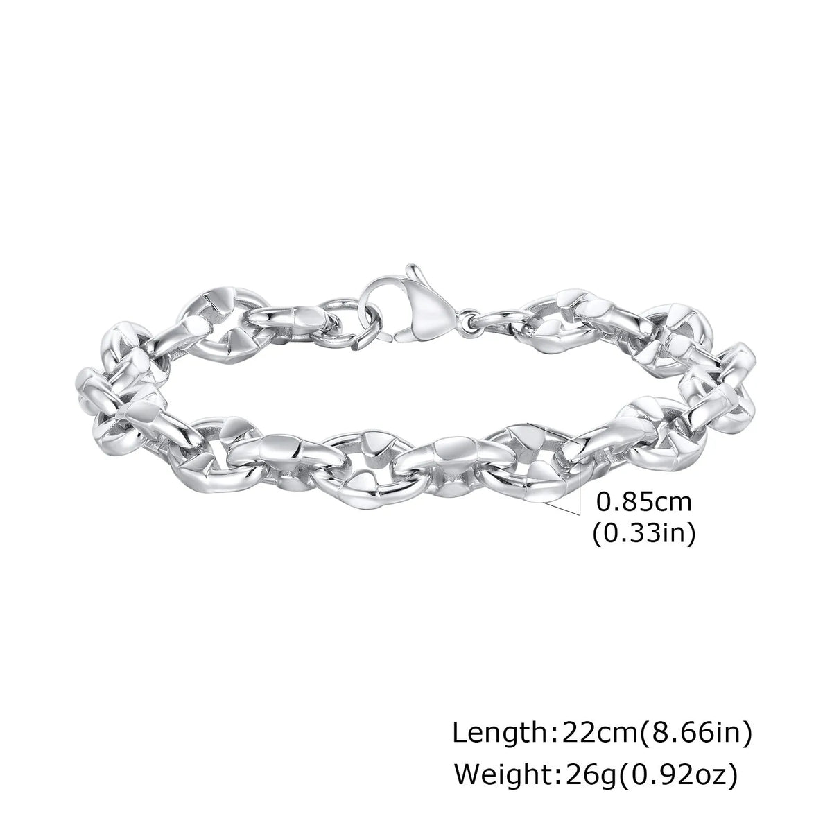 Men's stainless steel thick chain bracelet with geometric design and steel colour finish