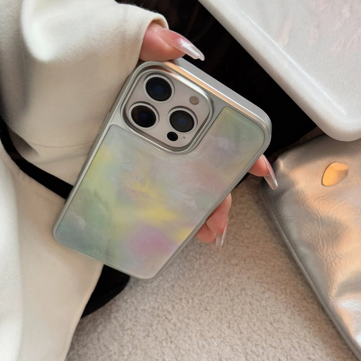 Silver edge green pink marble pattern PC hard phone case for Apple iPhone models