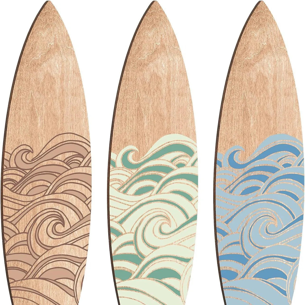 Three identical wooden surfboard shaped wall decorations on a white background
