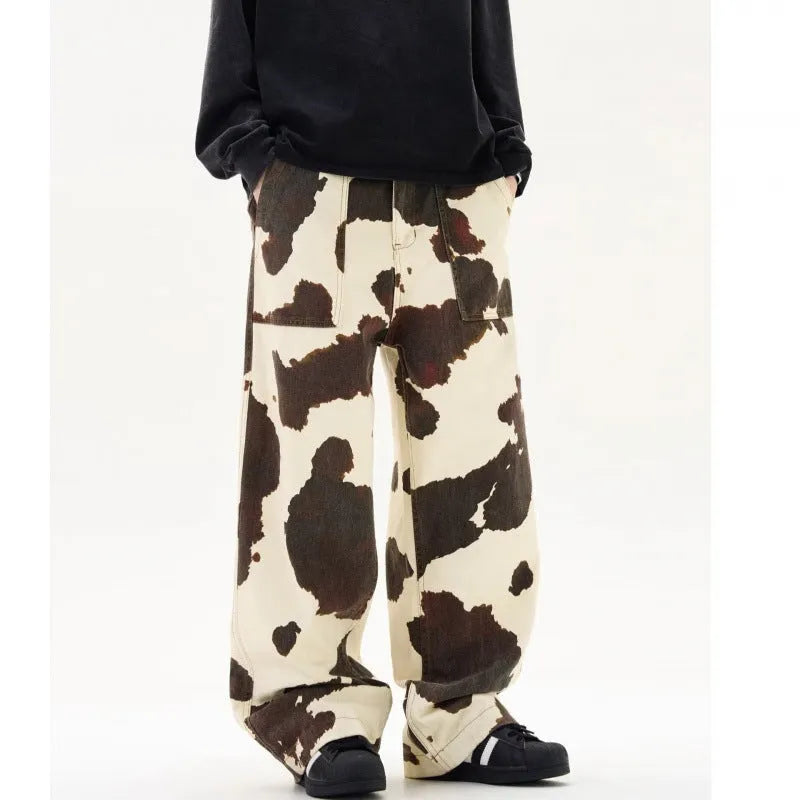 Men's straight-leg casual trousers with a retro cows pattern in 7698 cow colour.
