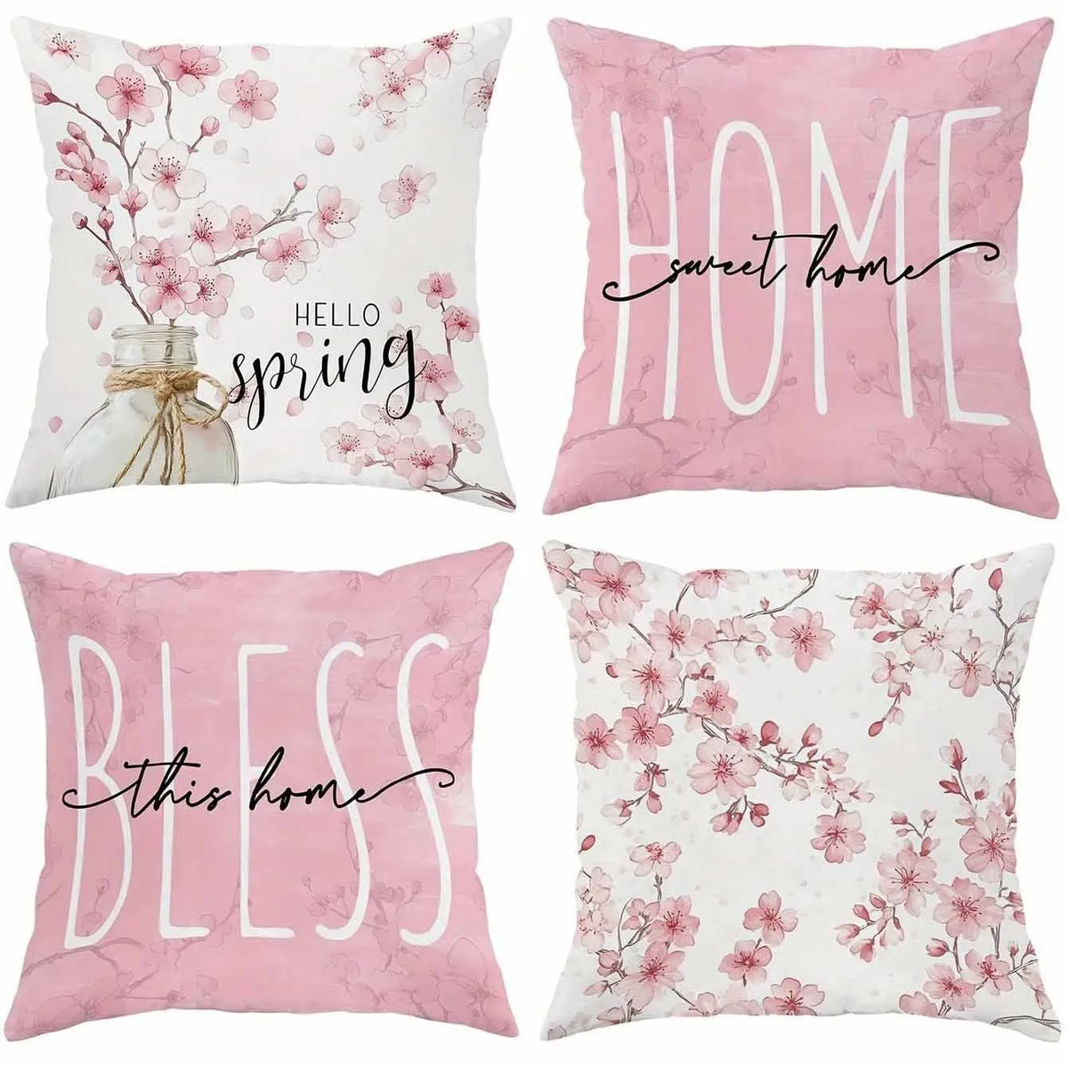 45cm square short velvet cushion cover with detailed cherry blossom and script letter floral print design.