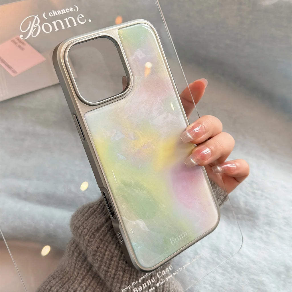 Silver edge green pink marble pattern PC hard phone case for Apple iPhone models