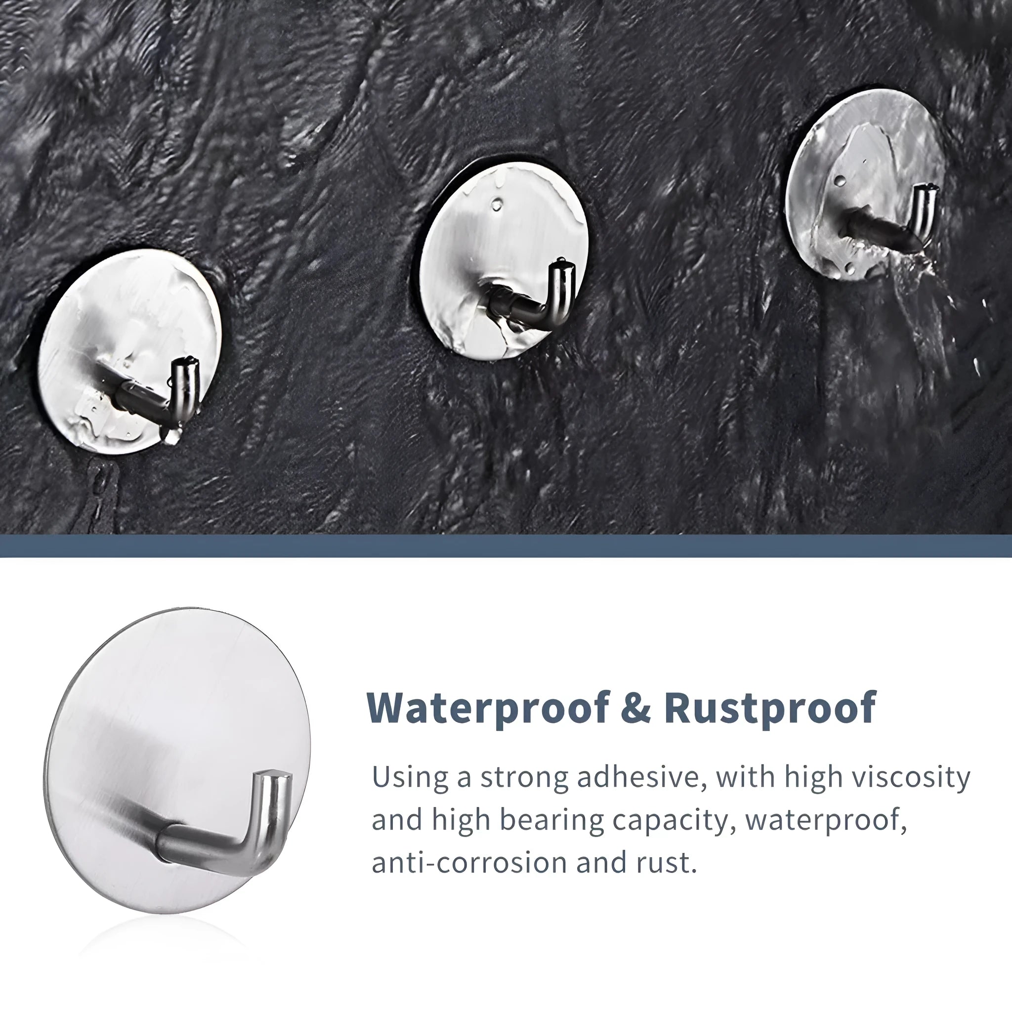 Two stainless steel self-adhesive wall hooks, one black and one polished, on a white background.