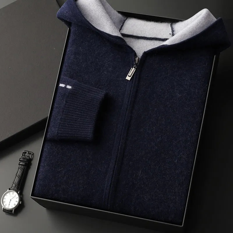 Men's dark blue cashmere half-high collar zipper cardigan sweater with long sleeves