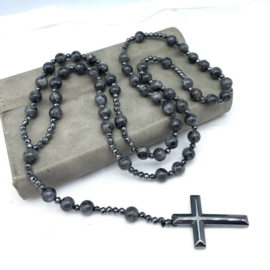 Men's stone cross pendant necklace on an 80cm ball bead chain with a safety lock.