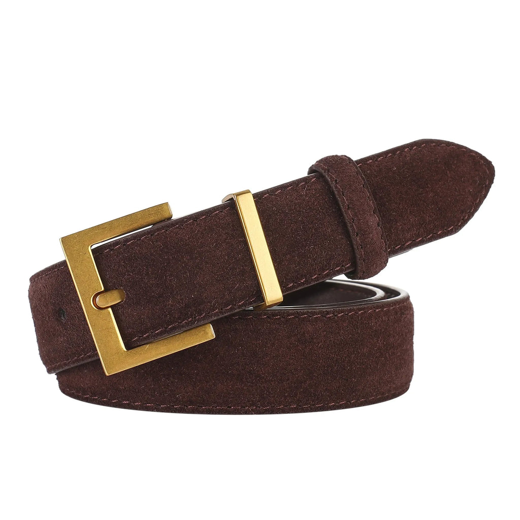 Ladies brown leather belt with quadrilateral alloy pin buckle showing 100cm length