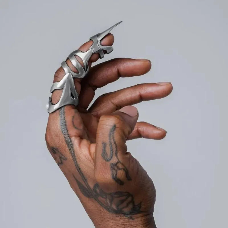 Silver punk armour style finger cover ring made from alloy for alternative fashion jewellery