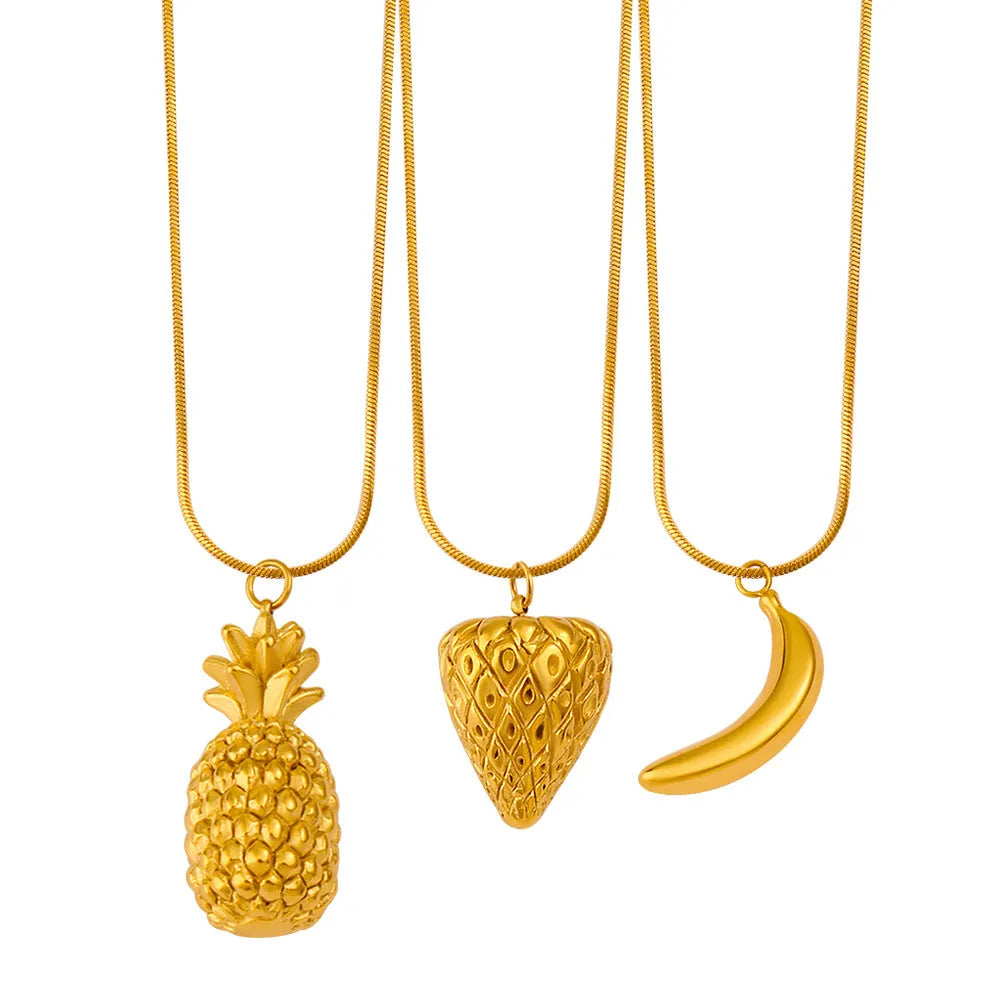 Stainless steel necklace with a colourful fruit pendant, showing apple, grape, watermelon, pineapple, strawberry, and banana design options.