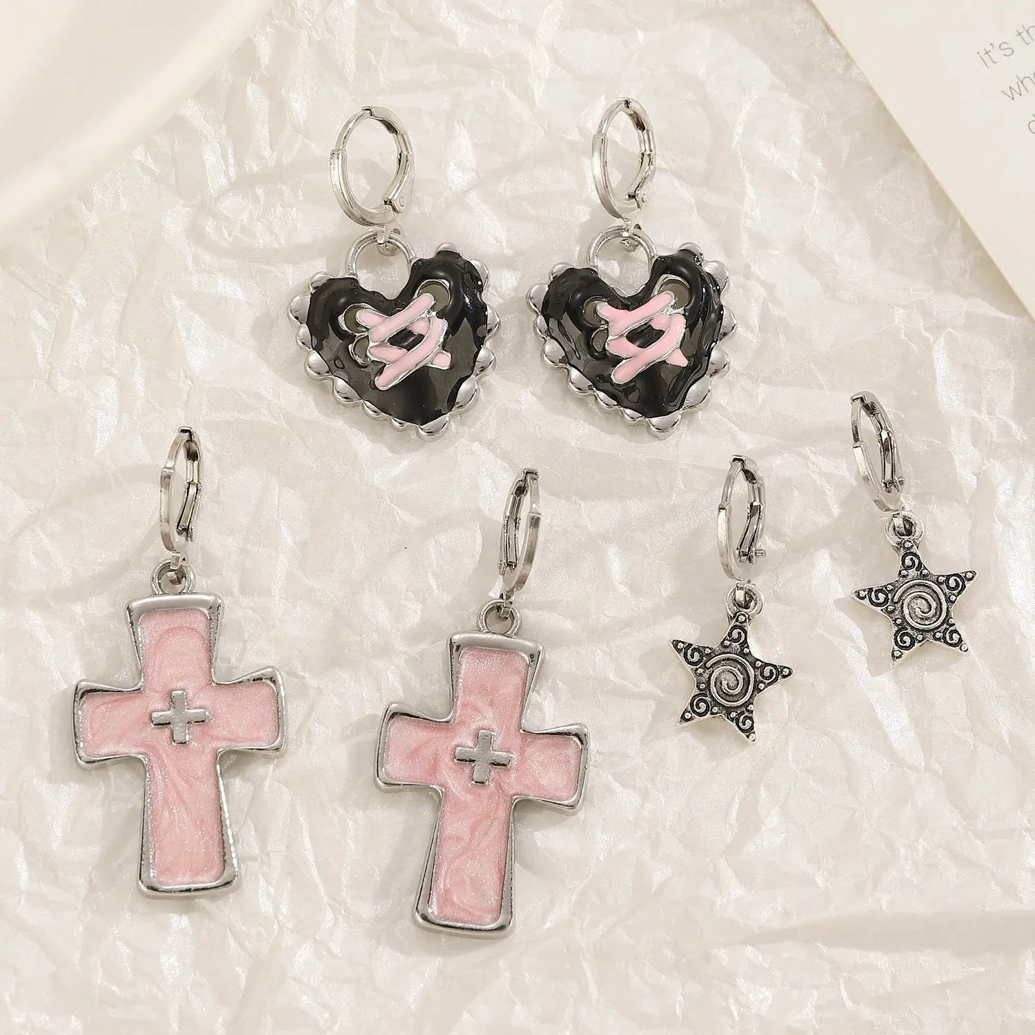 Women's alloy earrings with cross crystal designs in white, black cat, and antique silver colour options