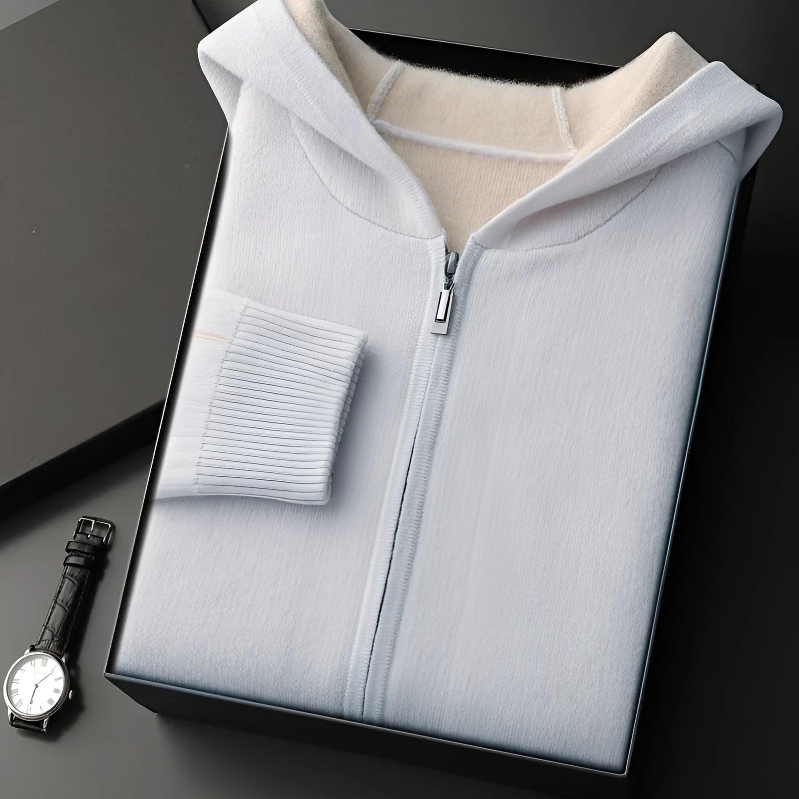 Men's dark blue cashmere half-high collar zipper cardigan sweater with long sleeves