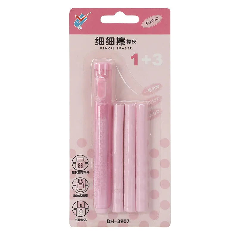Push type automatic eraser in blue, green, pink, purple colours measuring 12cm by 8cm