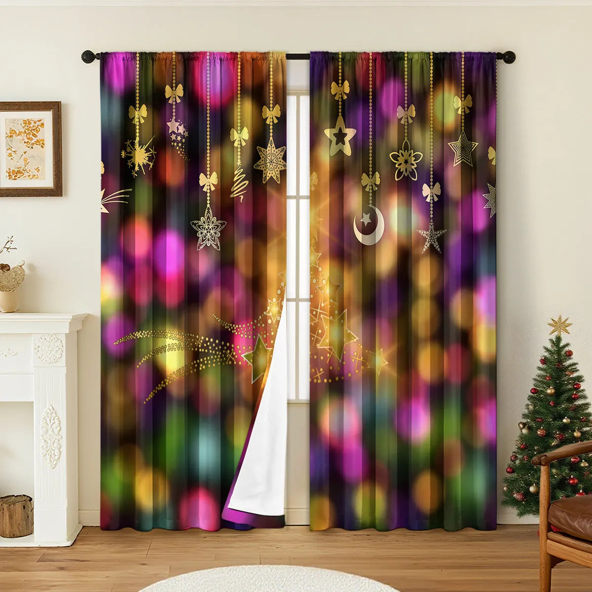 A pair of 3D digitally printed Christmas curtains with festive patterns, made from polyester fabric.