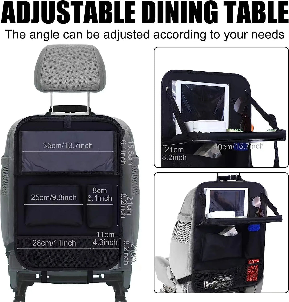 Black Oxford cloth car seat back buggy bag with hanging straps and storage pockets