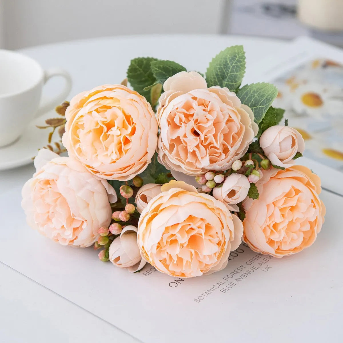 Artificial silk peony bouquet arrangement in a choice of five colours.