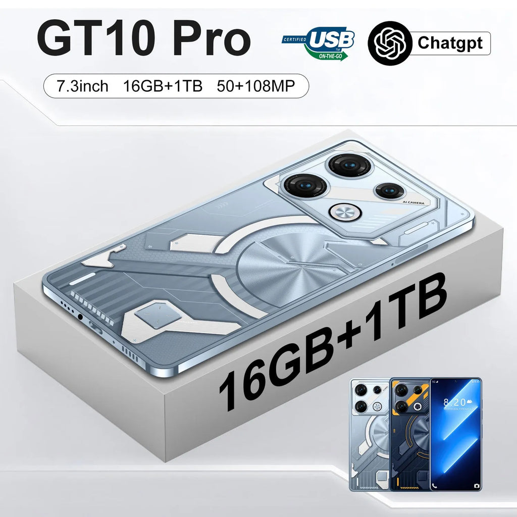 GT10 Pro Blue and GT10 Pro Silver Android smartphones with straight plate design on a plain background.
