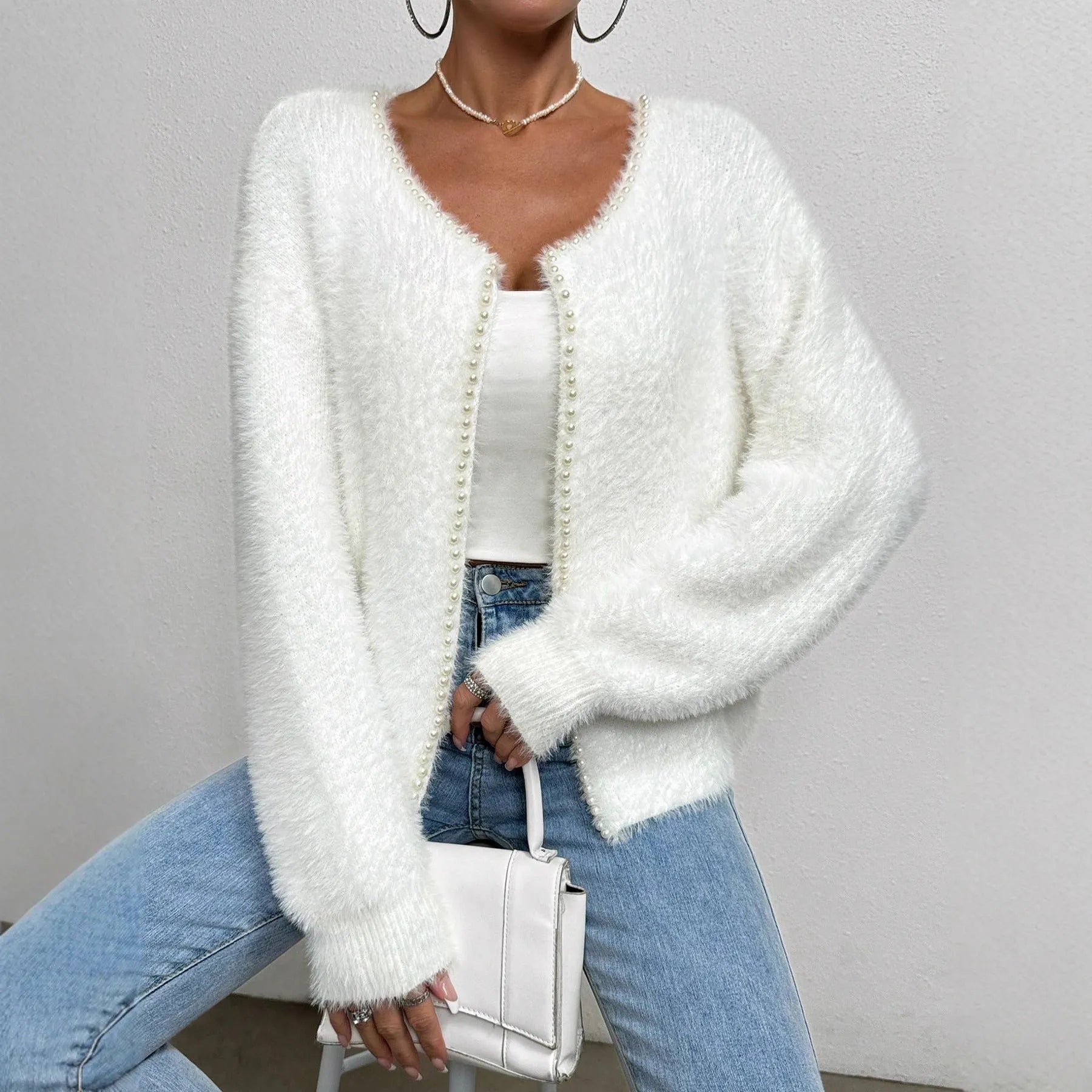 Women's white V-neck cardigan sweater in medium thickness polyester knitwear