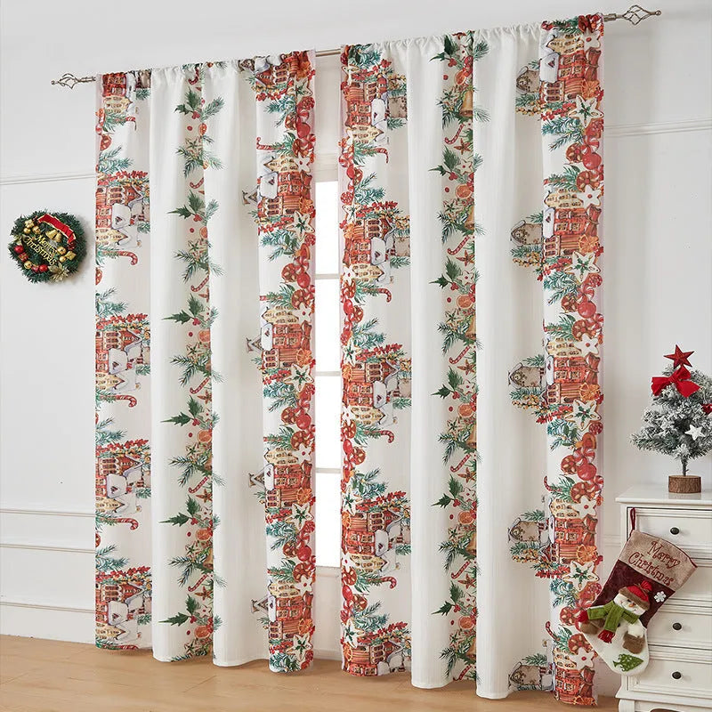 American-style rectangular polyester curtain with Christmas print patterns in red and blue colour schemes