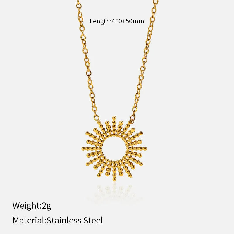 Gold-tone geometric chain necklace and bracelet set with sunflower design on stainless steel