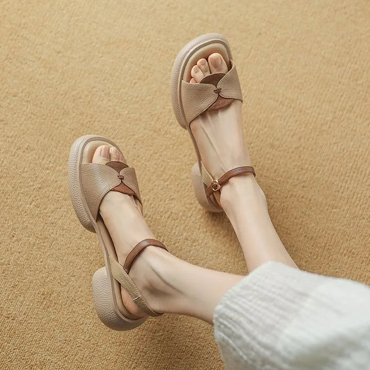Women's khaki chunky heel platform open toe sandals made from renewable leather