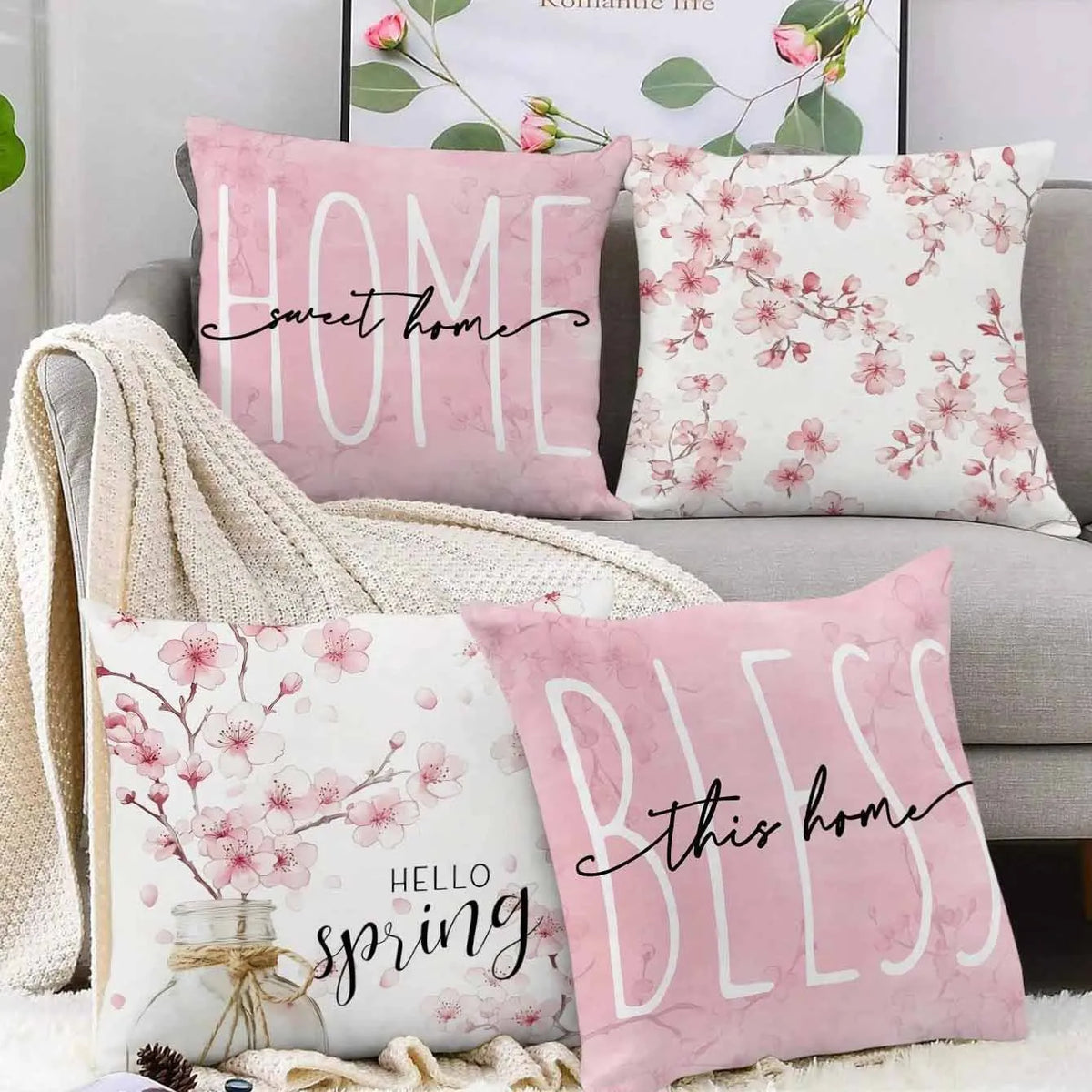 45cm square short velvet cushion cover with detailed cherry blossom and script letter floral print design.