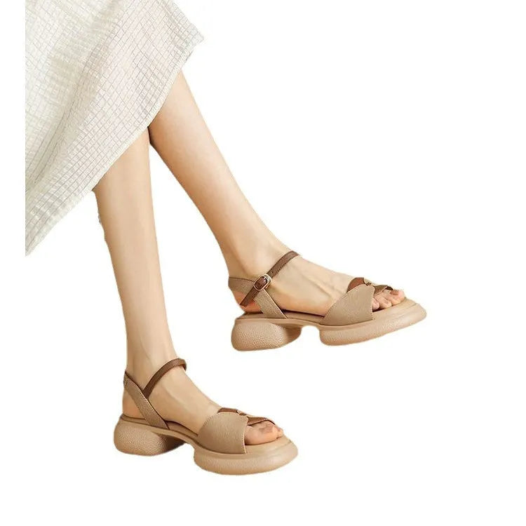 Women's khaki chunky heel platform open toe sandals made from renewable leather