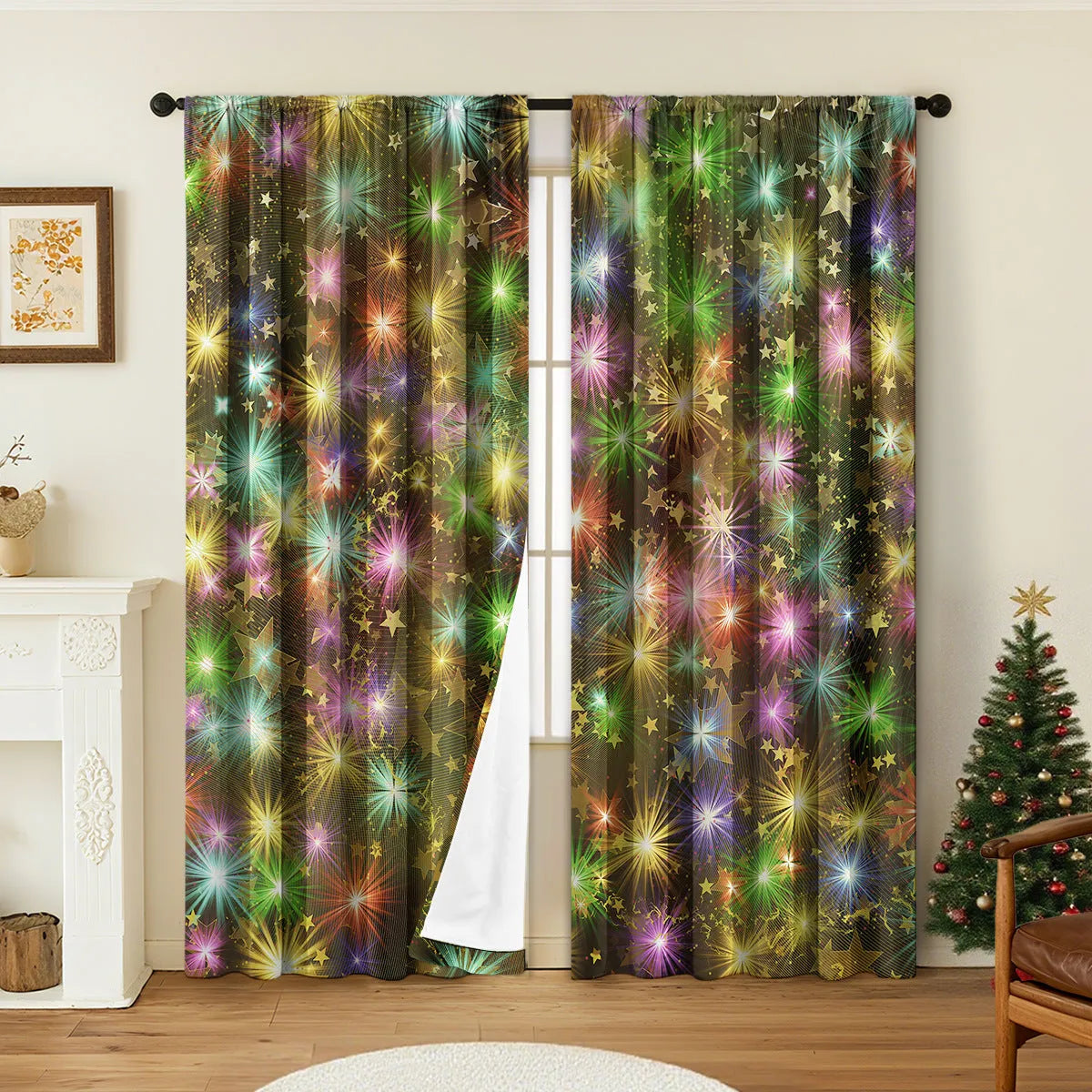 A pair of 3D digitally printed Christmas curtains with festive patterns, made from polyester fabric.